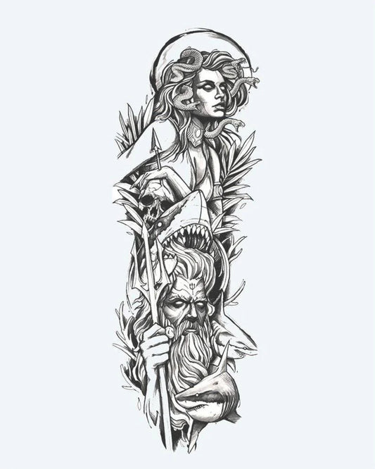 Tatuaje semi-permanente Medusa y Poseidón diseño de INKON – ilustración de mitológico, completo, manga, medusa, serpiente, 8 x 20 in (20x50cm), disponible en inkon.co
