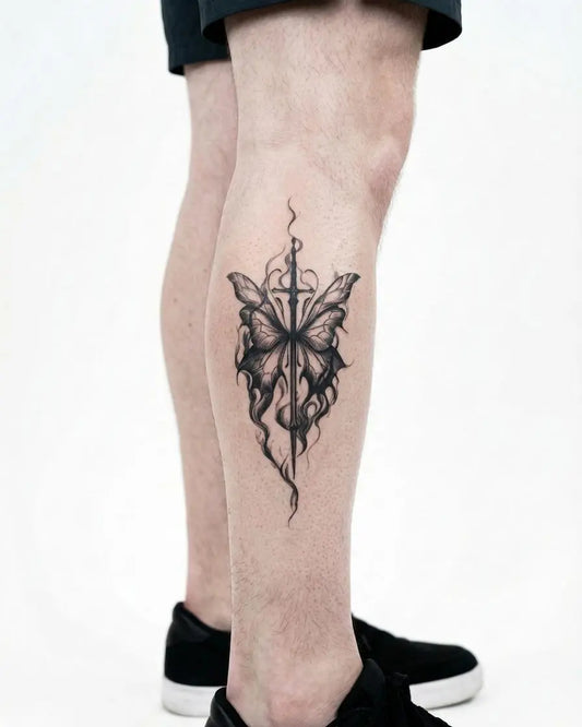 INKON Mariposa y Espada tatuaje semi-permanente aplicado en un hombre – diseño de 4 x 7 in (10x17cm), apariencia de tinta realista, dura 10 días