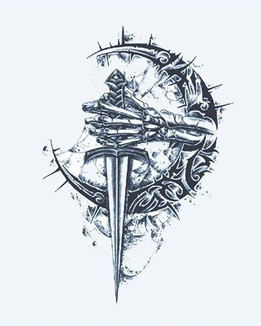 Tatuaje semi-permanente Mano de Esqueleto y Daga diseño de INKON – ilustración de esquelético, agarrando, daga, rodeado, espinas, 4 x 7 in (10x17cm), disponible en inkon.co
