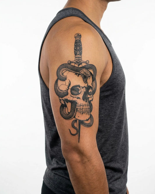 INKON Calavera, Serpiente y Daga tatuaje semi-permanente aplicado en un hombre – diseño de 4 x 8 in (11x21cm), apariencia de tinta realista, dura 10 días