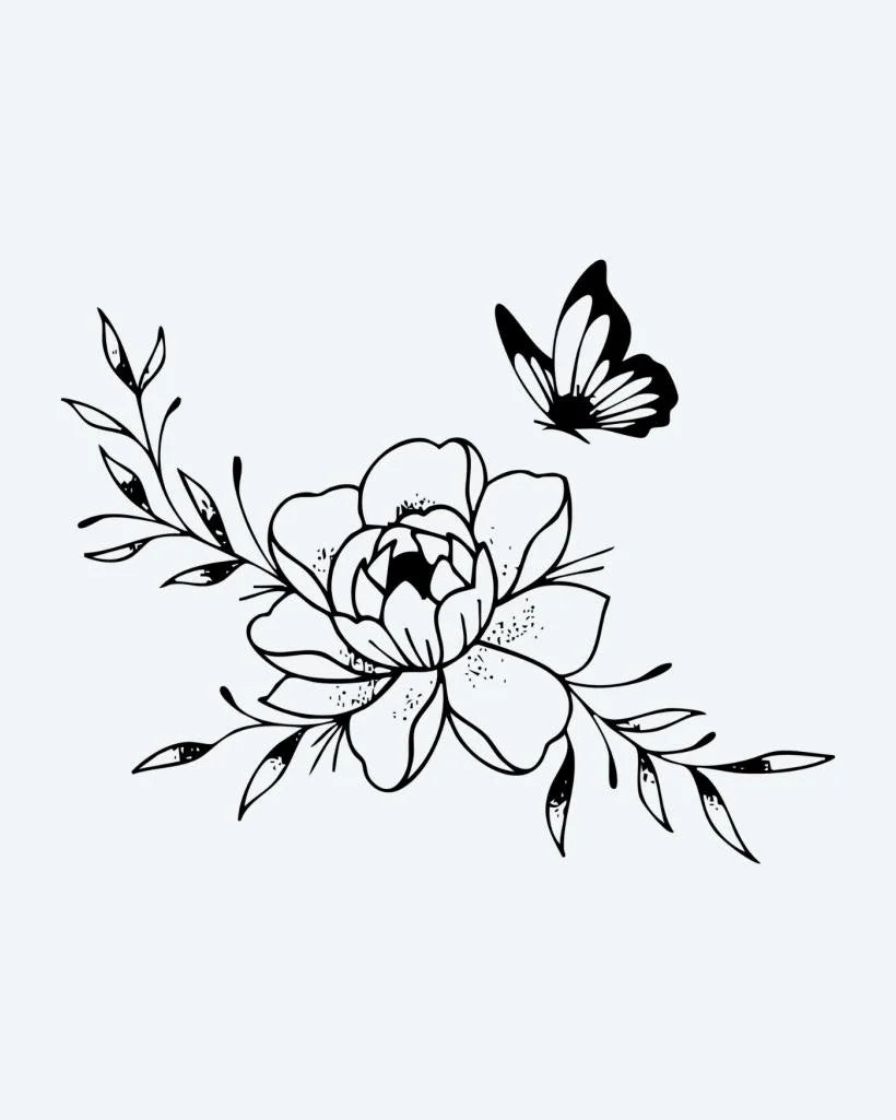 Tatuaje semi-permanente Peonía y Mariposa diseño de INKON – ilustración de floreciendo, peonía, flor, frondoso, ramas, 3 x 4 in (6x11cm), disponible en inkon.co