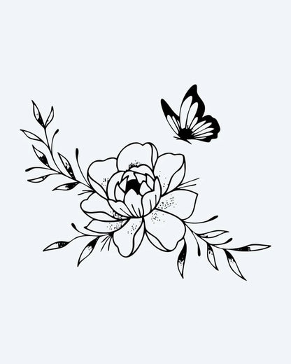Tatuaje semi-permanente Peonía y Mariposa diseño de INKON – ilustración de floreciendo, peonía, flor, frondoso, ramas, 3 x 4 in (6x11cm), disponible en inkon.co
