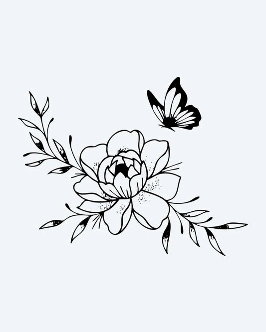 Tatuaje semi-permanente Peonía y Mariposa diseño de INKON – ilustración de floreciendo, peonía, flor, frondoso, ramas, 3 x 4 in (6x11cm), disponible en inkon.co
