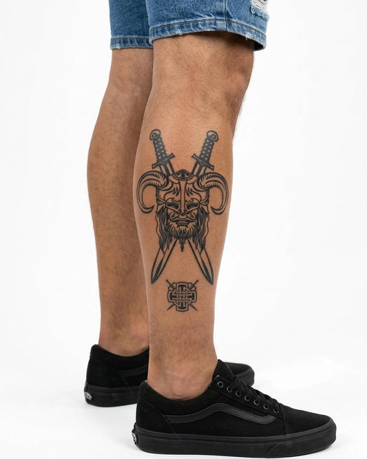 INKON Guerrero Vikingo y Espadas tatuaje semi-permanente aplicado en un hombre – diseño de 4 x 7 in (10x17cm), apariencia de tinta realista, dura 10 días