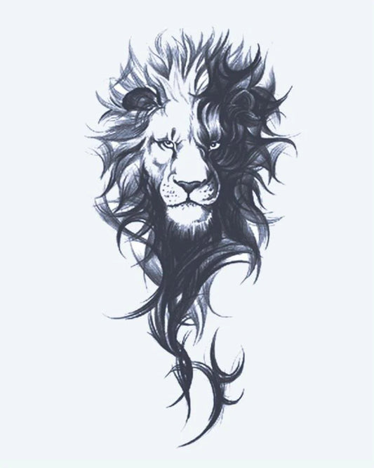 Tatuaje semi-permanente León Majestuoso diseño de INKON – ilustración de regio, león, retrato, fluido, salvaje, 4 x 7 in (10x17cm), disponible en inkon.co
