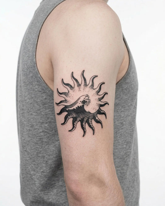 INKON Sol y Ola tatuaje semi-permanente aplicado en un hombre – diseño de 4 x 4 in (9x9cm), apariencia de tinta realista, dura 10 días