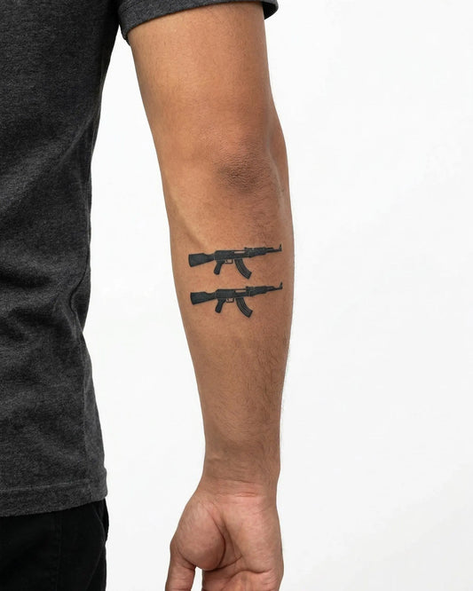 INKON Dúo de Rifles de Asalto tatuaje semi-permanente aplicado en un hombre – diseño de 3 x 4 in (6x11cm), apariencia de tinta realista, dura 10 días