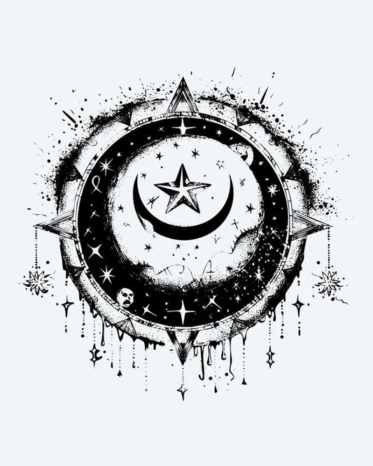 Tatuaje semi-permanente Luna y Estrella Celestial diseño de INKON – ilustración de impresionante, celestial, luna creciente, luna, estrella, 3 x 4 in (7x10cm), disponible en inkon.co
