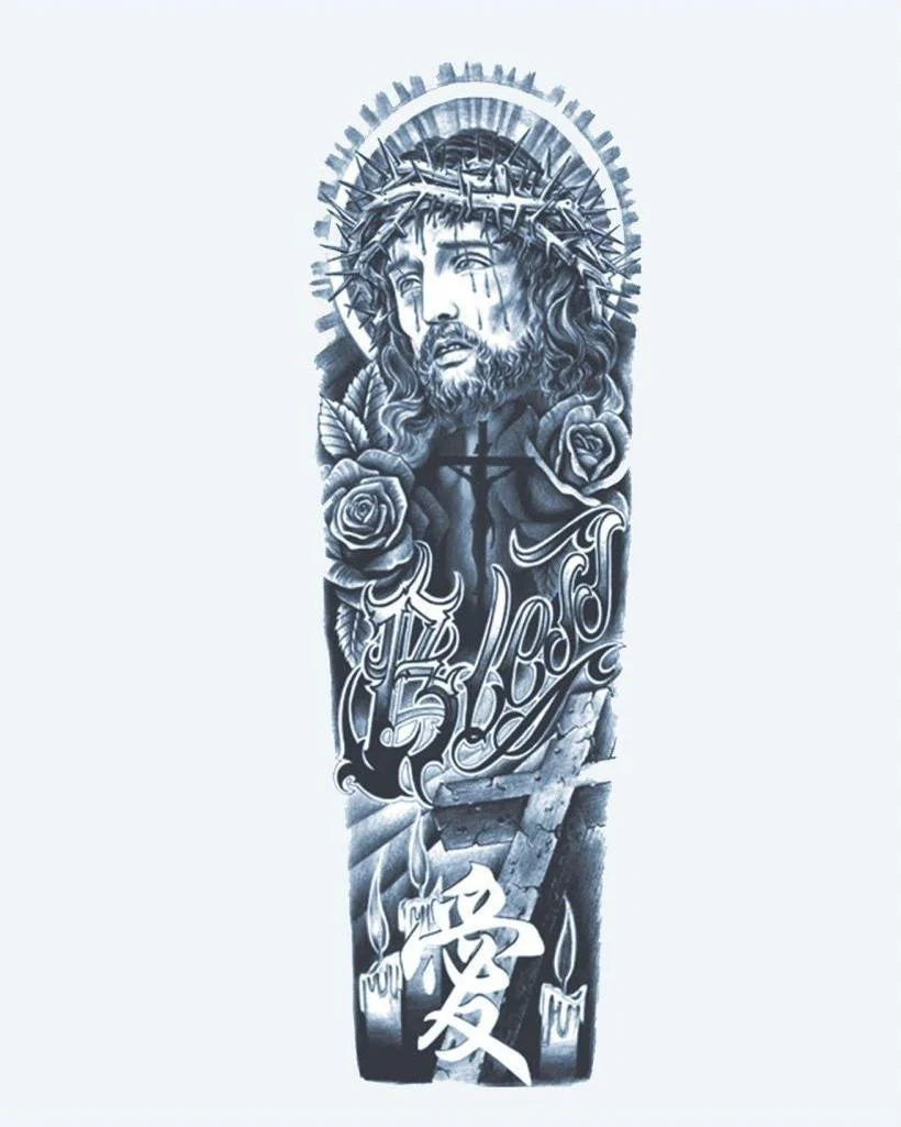 Tatuaje semi-permanente Cristo y Rosas diseño de INKON – ilustración de reverente, completo, manga, retrato, cristo, 8 x 20 in (20x50cm), disponible en inkon.co