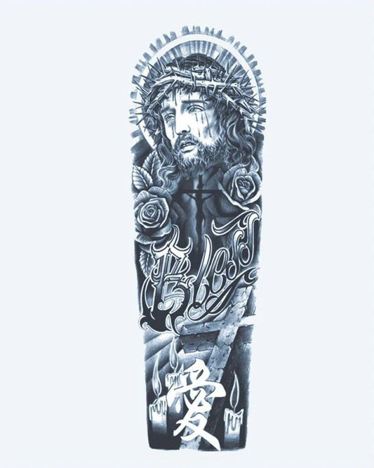 Tatuaje semi-permanente Cristo y Rosas diseño de INKON – ilustración de reverente, completo, manga, retrato, cristo, 8 x 20 in (20x50cm), disponible en inkon.co