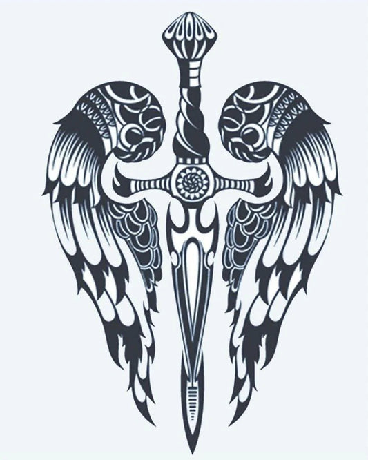 Tatuaje semi-permanente Daga Alada diseño de INKON – ilustración de ornamentado, daga, ángel, alas, simétrico, 4 x 7 in (10x17cm), disponible en inkon.co