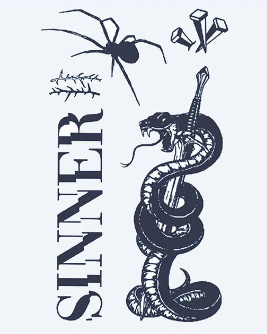 Tatuaje semi-permanente Flash Sheet Pecador diseño de INKON – ilustración de oscuro, flash, hoja, enroscándose, serpiente, 4 x 7 in (10x17cm), disponible en inkon.co