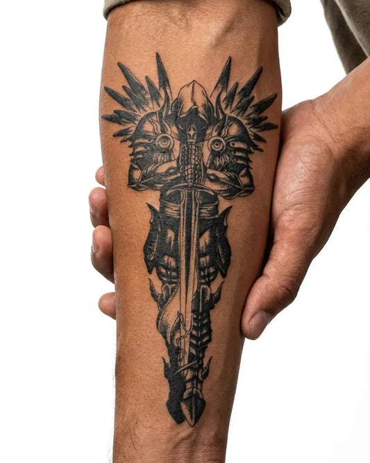 INKON Caballero con Armadura y Espada tatuaje semi-permanente aplicado en un hombre – diseño de 4 x 8 in (11x21cm), apariencia de tinta realista, dura 10 días