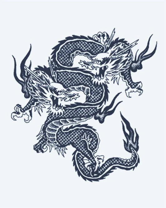 Tatuaje semi-permanente Dragones Gemelos diseño de INKON – ilustración de entrelazado, asiático, dragones, escama, detalle, 2 x 2 in (5x5cm), disponible en inkon.co