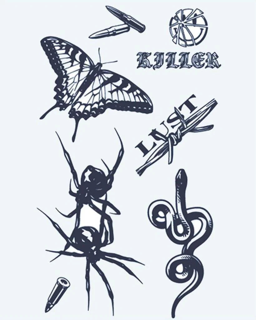 Tatuaje semi-permanente Flash Sheet Oscuro diseño de INKON – ilustración de flash, mariposa, araña, serpiente, balas, 4 x 7 in (10x17cm), disponible en inkon.co