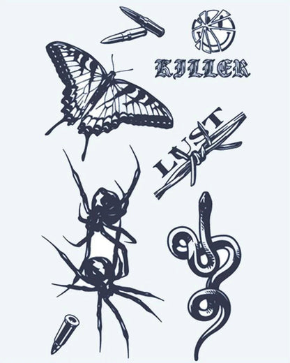 Tatuaje semi-permanente Flash Sheet Oscuro diseño de INKON – ilustración de flash, mariposa, araña, serpiente, balas, 4 x 7 in (10x17cm), disponible en inkon.co