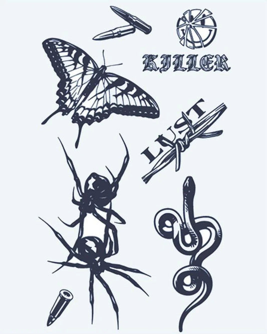 Tatuaje semi-permanente Flash Sheet Oscuro diseño de INKON – ilustración de flash, mariposa, araña, serpiente, balas, 4 x 7 in (10x17cm), disponible en inkon.co