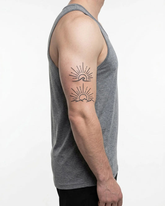 INKON Ola al Amanecer y Montañas tatuaje semi-permanente aplicado en un hombre – diseño de 4 x 7 in (10x17cm), apariencia de tinta realista, dura 10 días