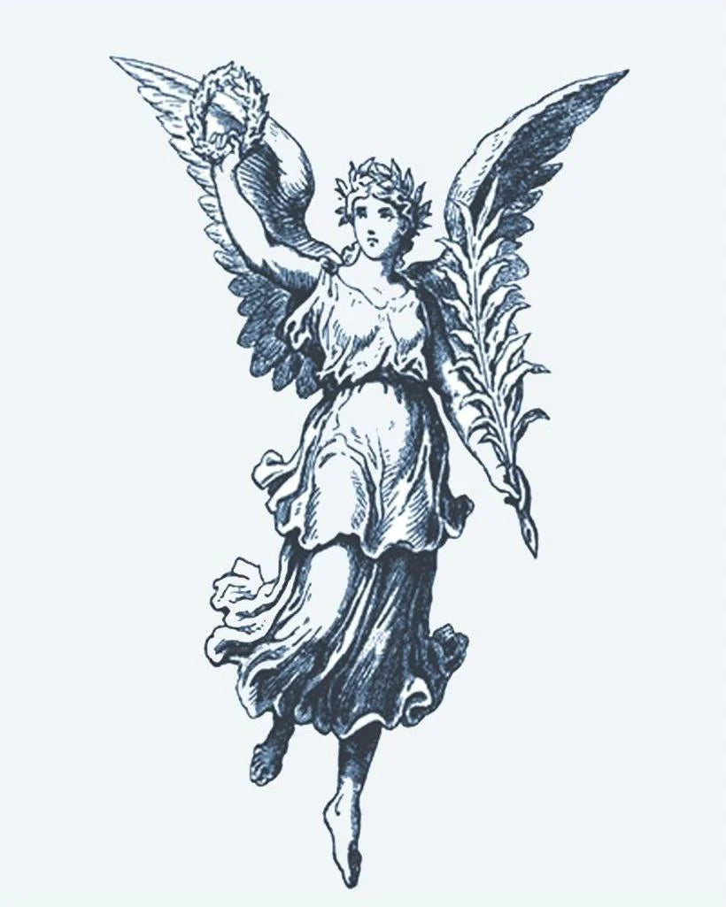 Tatuaje semi-permanente Ángel de la Victoria diseño de INKON – ilustración de clásico, alado, ángel, sosteniendo, laurel, 4 x 7 in (10x17cm), disponible en inkon.co