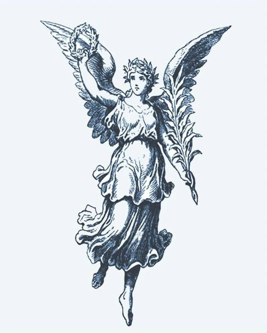 Tatuaje semi-permanente Ángel de la Victoria diseño de INKON – ilustración de clásico, alado, ángel, sosteniendo, laurel, 4 x 7 in (10x17cm), disponible en inkon.co