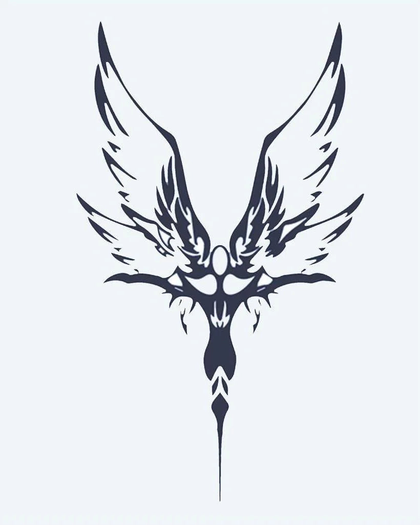 Tatuaje semi-permanente Fénix Tribal diseño de INKON – ilustración de tribal, ave fénix, extendido, alas, simétrico, 4 x 7 in (10x17cm), disponible en inkon.co