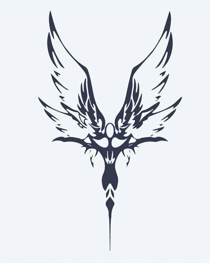 Tatuaje semi-permanente Fénix Tribal diseño de INKON – ilustración de tribal, ave fénix, extendido, alas, simétrico, 4 x 7 in (10x17cm), disponible en inkon.co