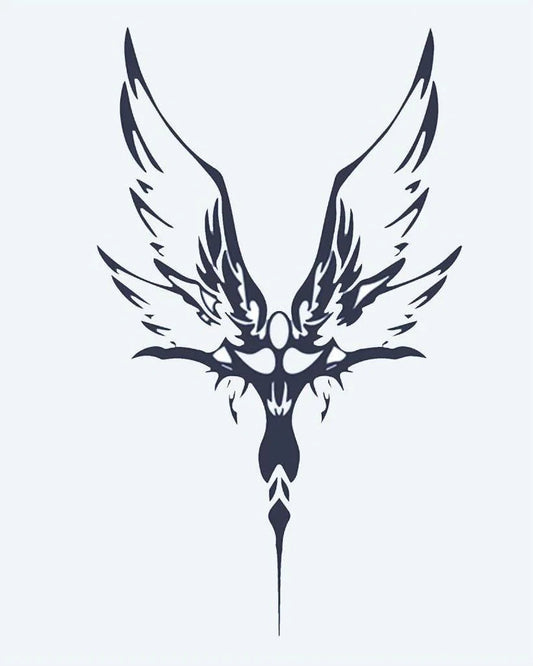 Tatuaje semi-permanente Fénix Tribal diseño de INKON – ilustración de tribal, ave fénix, extendido, alas, simétrico, 4 x 7 in (10x17cm), disponible en inkon.co