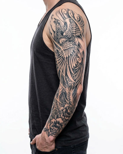 INKON Fénix Renaciente tatuaje semi-permanente aplicado en un hombre – diseño de 8 x 20 in (20x50cm), apariencia de tinta realista, dura 10 días
