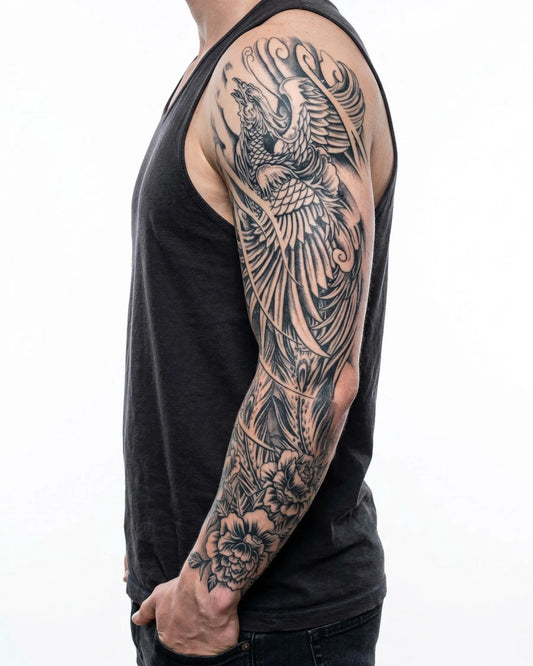 INKON Fénix Renaciente tatuaje semi-permanente aplicado en un hombre – diseño de 8 x 20 in (20x50cm), apariencia de tinta realista, dura 10 días