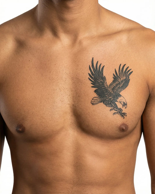 INKON Águila Calva tatuaje semi-permanente aplicado en un hombre – diseño de 4 x 7 in (10x17cm), apariencia de tinta realista, dura 10 días