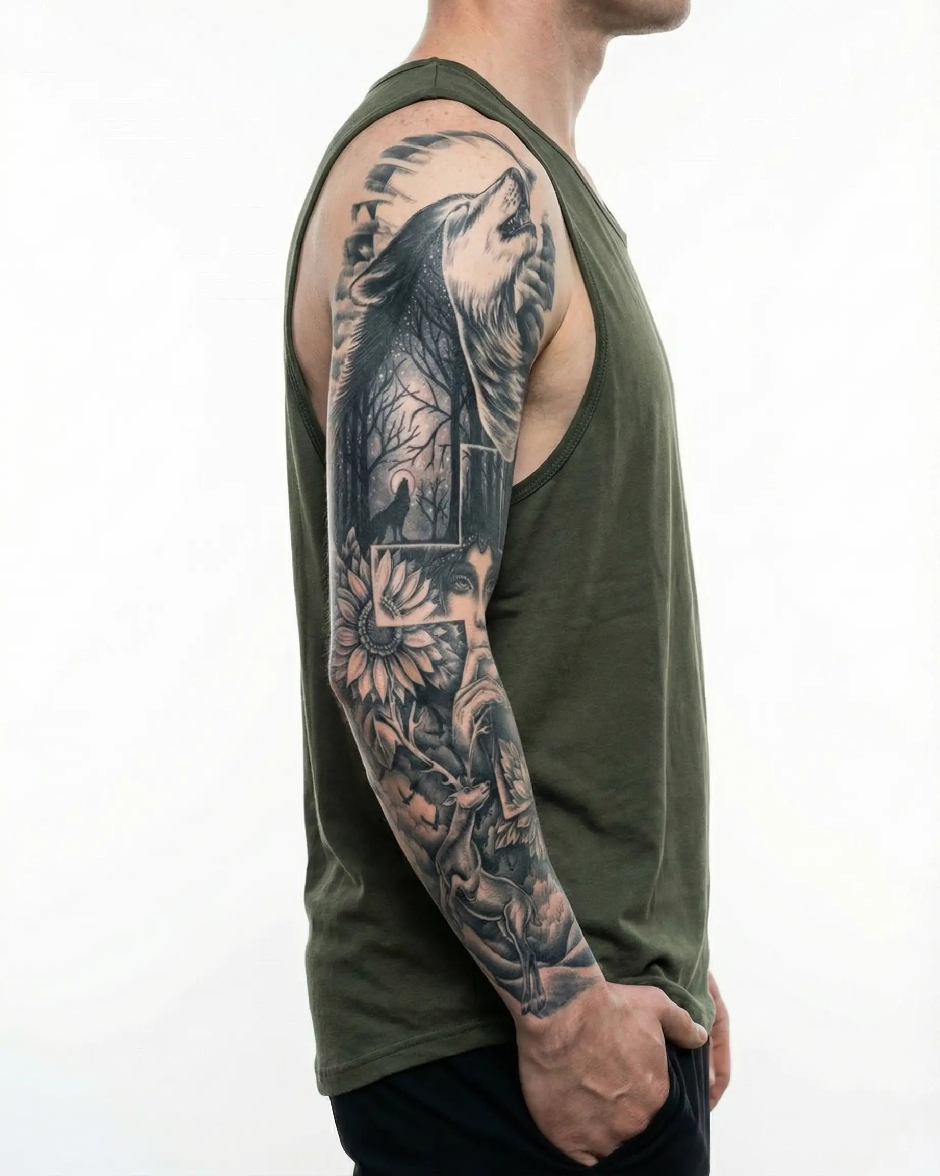 INKON Lobo Aullando y Mujer del Bosque tatuaje semi-permanente aplicado en un hombre – diseño de 8 x 20 in (20x50cm), apariencia de tinta realista, dura 10 días