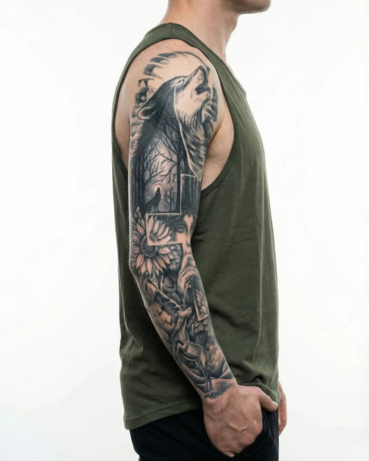 INKON Lobo Aullando y Mujer del Bosque tatuaje semi-permanente aplicado en un hombre – diseño de 8 x 20 in (20x50cm), apariencia de tinta realista, dura 10 días