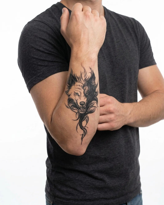 INKON Lobo Feroz tatuaje semi-permanente aplicado en un hombre – diseño de 4 x 7 in (10x17cm), apariencia de tinta realista, dura 10 días