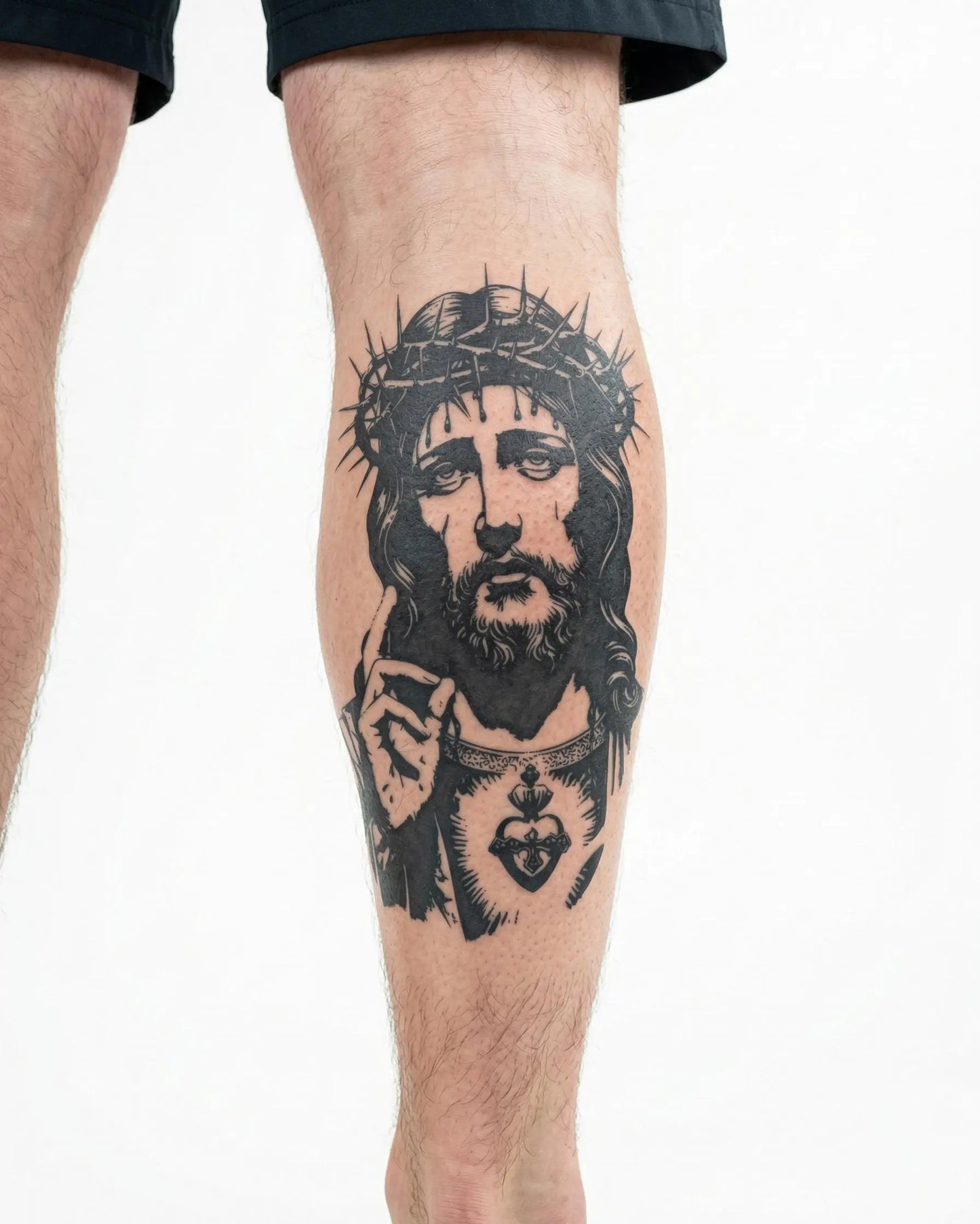 INKON Cristo con Corona de Espinas tatuaje semi-permanente aplicado en un hombre – diseño de 4 x 7 in (10x17cm), apariencia de tinta realista, dura 10 días