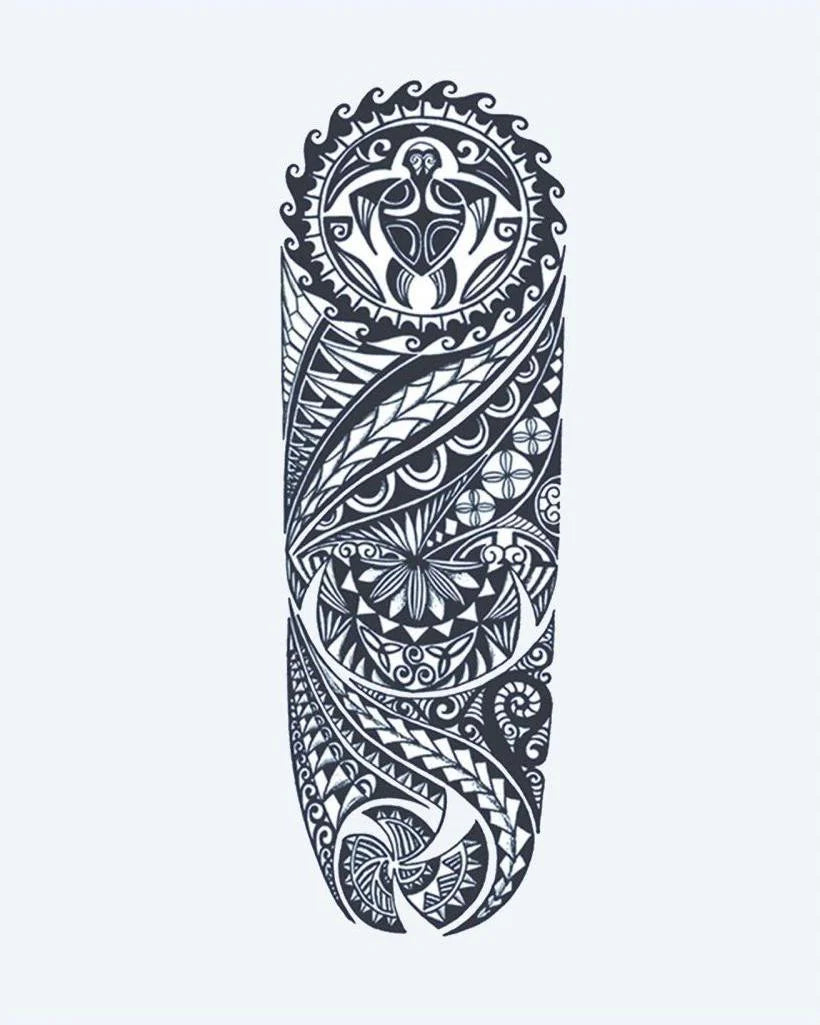 Tatuaje semi-permanente Manga Tribal Polinesia diseño de INKON – ilustración de elaborado, polinesio, tribal, tortuga, océano, 8 x 20 in (20x50cm), disponible en inkon.co