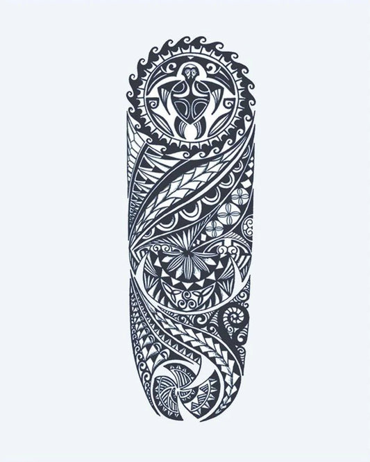 Tatuaje semi-permanente Manga Tribal Polinesia diseño de INKON – ilustración de elaborado, polinesio, tribal, tortuga, océano, 8 x 20 in (20x50cm), disponible en inkon.co