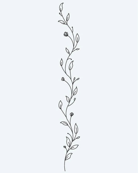 Tatuaje semi-permanente Enredadera Botánica diseño de INKON – ilustración de delicado, siguiendo, enredadera, pequeño, hojas, 4 x 7 in (10x17cm), disponible en inkon.co