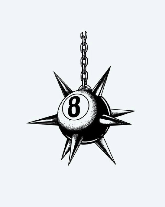 Tatuaje semi-permanente Mazo 8-Ball con Púas diseño de INKON – ilustración de ilustrativo, dotwork, se transforma, bola, letal, 3 x 4 in (7x10cm), disponible en inkon.co