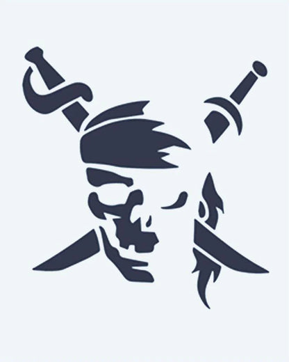 Tatuaje semi-permanente Calavera Pirata y Espadas diseño de INKON – ilustración de pirata, calavera, usando, bandana, cruzado, 2 x 2 in (5x5cm), disponible en inkon.co