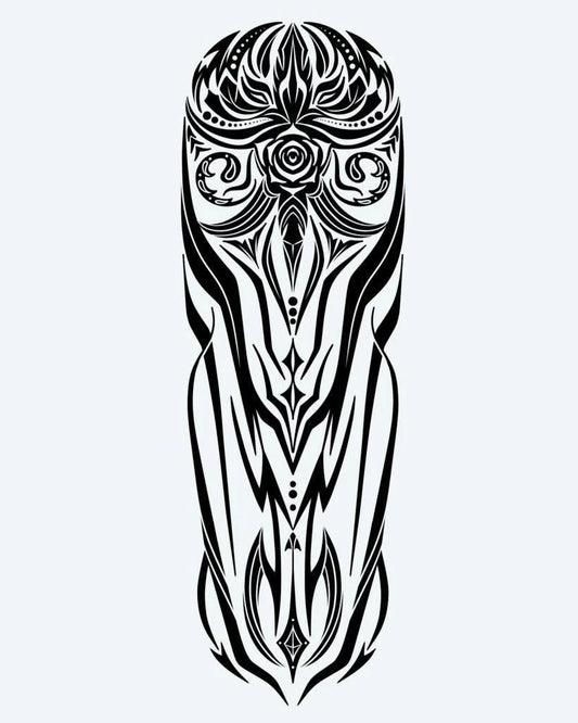Tatuaje semi-permanente Tótem de Búho Tribal diseño de INKON – ilustración de místico, tribal, simétrico, figura, ornamentado, 8 x 20 in (20x50cm), disponible en inkon.co