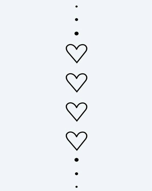 Tatuaje semi-permanente Cadena de Corazones y Puntos diseño de INKON – ilustración de minimalista, vertical, cadena, cuatro, corazón, 4 x 7 in (10x17cm), disponible en inkon.co