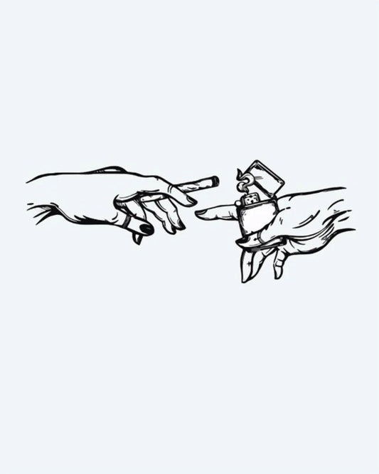 Tatuaje semi-permanente Manos con Encendedor y Cigarro diseño de INKON – ilustración de manos, alcanzando, hacia, otro, creación, 4 x 4 in (9x9cm), disponible en inkon.co