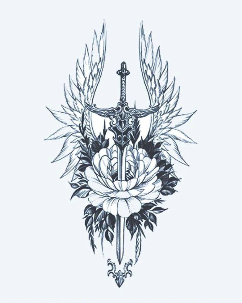 Tatuaje semi-permanente Espada Alada y Peonía diseño de INKON – ilustración de ornamentado, espada, flanqueado, emplumado, alas, 4 x 7 in (10x17cm), disponible en inkon.co