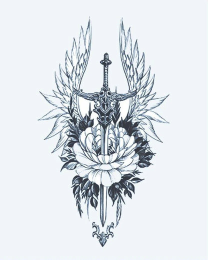 Tatuaje semi-permanente Espada Alada y Peonía diseño de INKON – ilustración de ornamentado, espada, flanqueado, emplumado, alas, 4 x 7 in (10x17cm), disponible en inkon.co