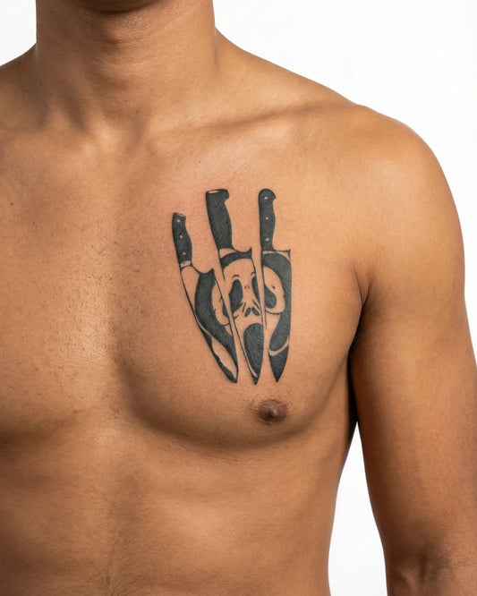INKON Cara Fantasma y Cuchillos tatuaje semi-permanente aplicado en un hombre – diseño de 4 x 4 in (9x9cm), apariencia de tinta realista, dura 10 días