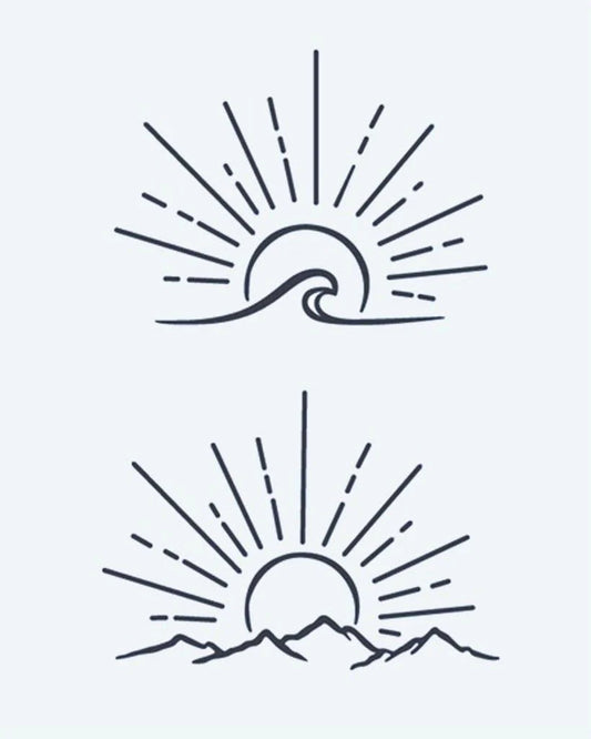 Tatuaje semi-permanente Ola al Amanecer y Montañas diseño de INKON – ilustración de minimalista, línea, océano, ola, amanecer, 4 x 7 in (10x17cm), disponible en inkon.co