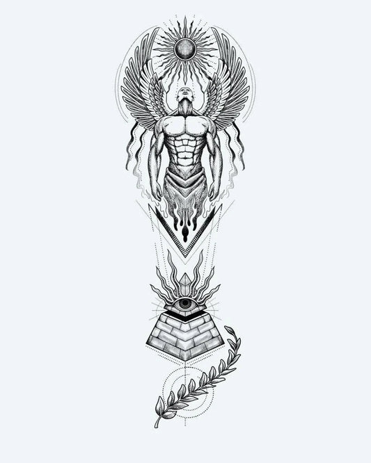 Tatuaje semi-permanente Ángel Guardián Egipcio y Pirámide diseño de INKON – ilustración de impresionante, egipcio, alado, guardián, figura, 8 x 20 in (20x50cm), disponible en inkon.co