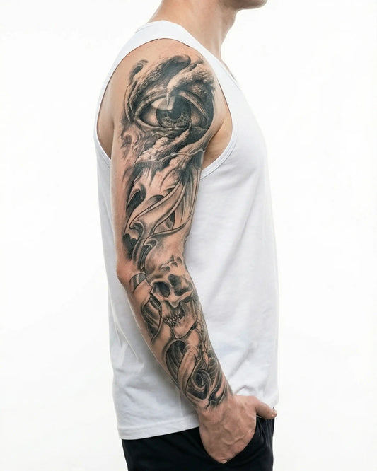 INKON Ojo de Dragón y Calavera tatuaje semi-permanente aplicado en un hombre – diseño de 8 x 20 in (20x50cm), apariencia de tinta realista, dura 10 días