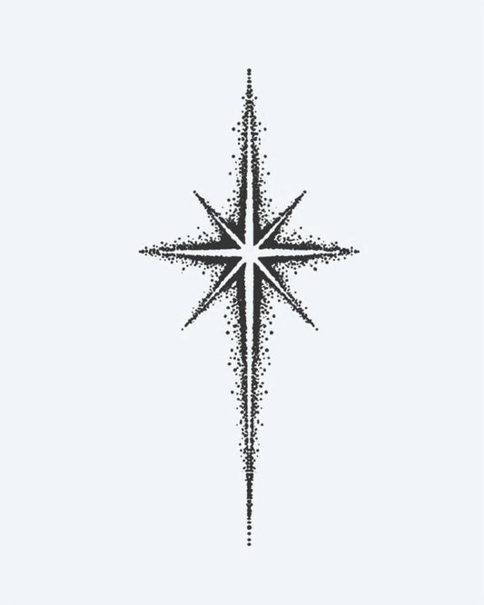 Tatuaje semi-permanente Estrella del Norte diseño de INKON – ilustración de ocho, puntiagudo, estrella, renderizado, dotwork, 3 x 4 in (6x11cm), disponible en inkon.co
