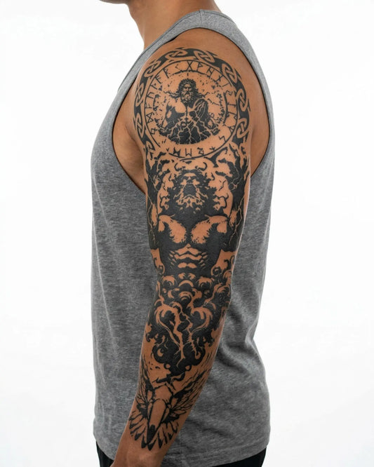 INKON Atlas y Zodiaco tatuaje semi-permanente aplicado en un hombre – diseño de 8 x 20 in (20x50cm), apariencia de tinta realista, dura 10 días